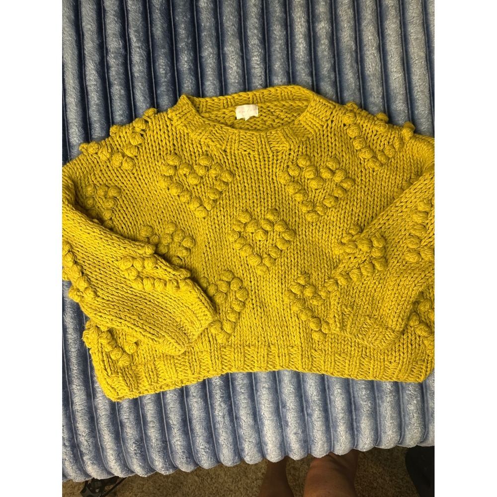 Entro oversized Yellow Heart Bobble Popcorn Knit Chunky Sweater Women Medium
